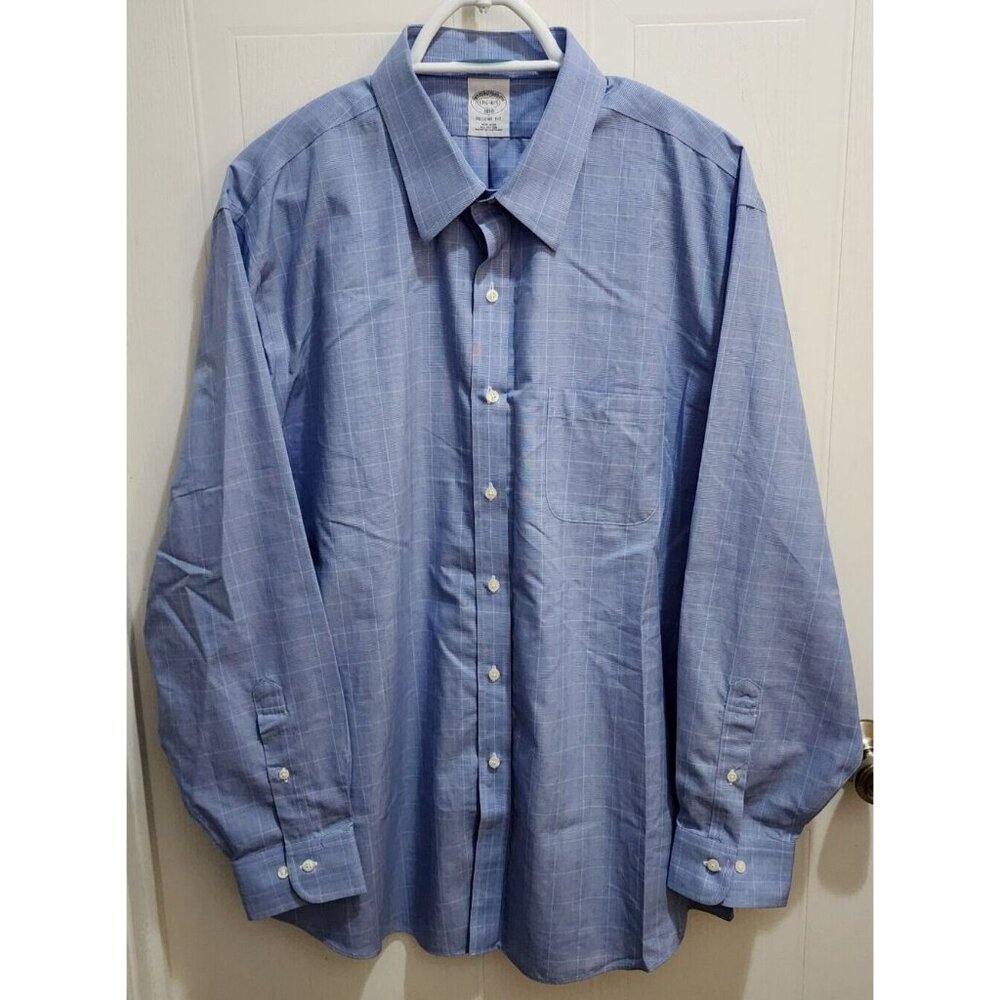 Brooks Brothers Regent Fit Non Iron Blue Plaid Check Button Up Shirt Size 17.5